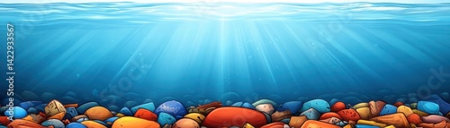 Obraz na płótnie Colorful Pebbles Under Water with Sunlight Filtering Through, Creating a Beautiful and Tranquil Seascape Atmosphere Below the Ocean Surface w salonie