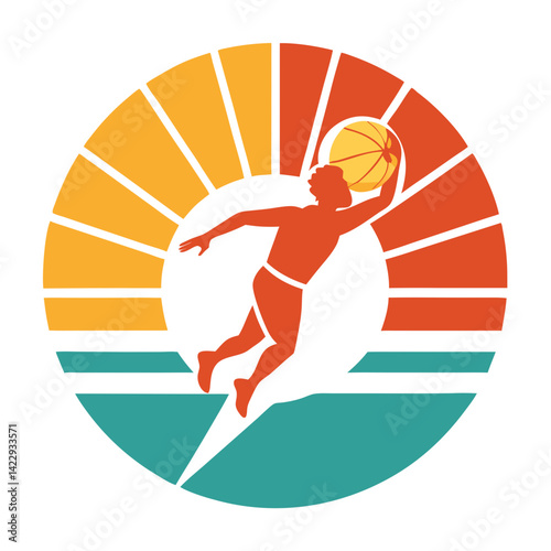 retro rays behind a leaping player and basketball t shirt design