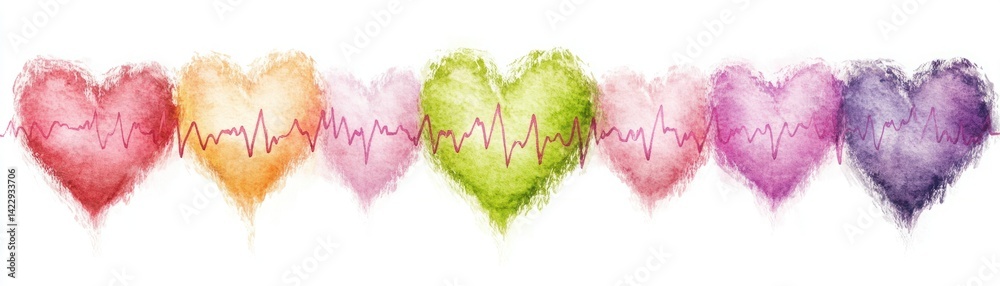 Colorful Heart Shapes with Vibrant Watercolor Effect and Heartbeat Line Perfect for Valentine's Day and Romantic Themes in Artwork and Design