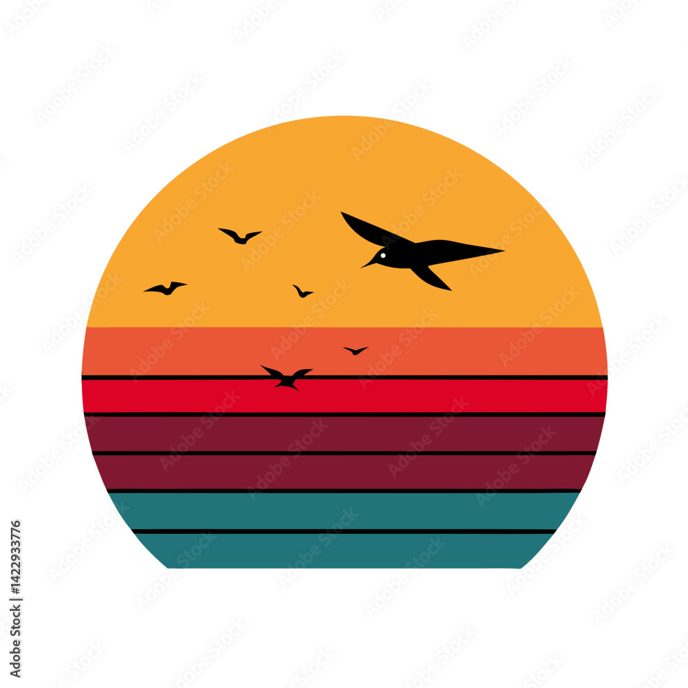 sunset with flying birds and old vhs tape style t shirt design