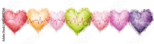 Obraz na płótnie Colorful Heart Shapes with Vibrant Watercolor Effect and Heartbeat Line Perfect for Valentine's Day and Romantic Themes in Artwork and Design w salonie