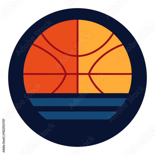 sunset behind silhouette of basketball in a circle t shirt design