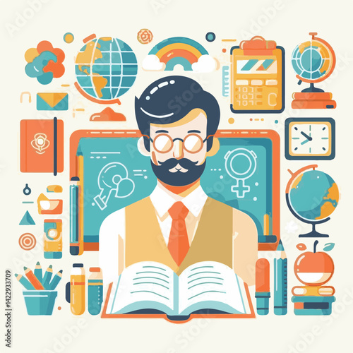 education, school, teacher, background, world, knowledge, celebration, vector, happy, design, student, illustration, text, day, international, card, banner, learn, book, poster, creative, college, gre
