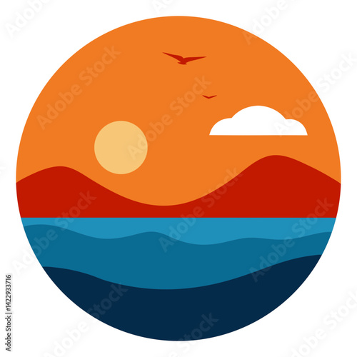 sunset circle with birds and abstract terrain in a circle t shirt design