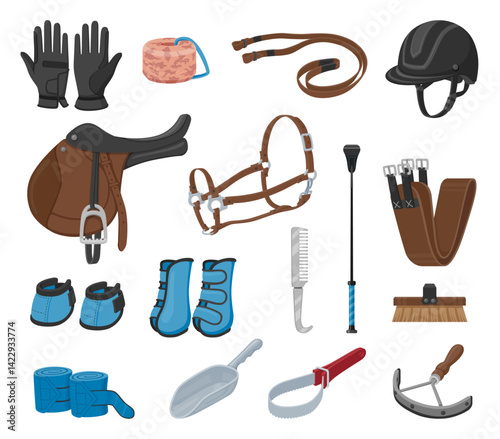 Equestrian sport equipment clothes gear and tack accessories set isometric vector illustration