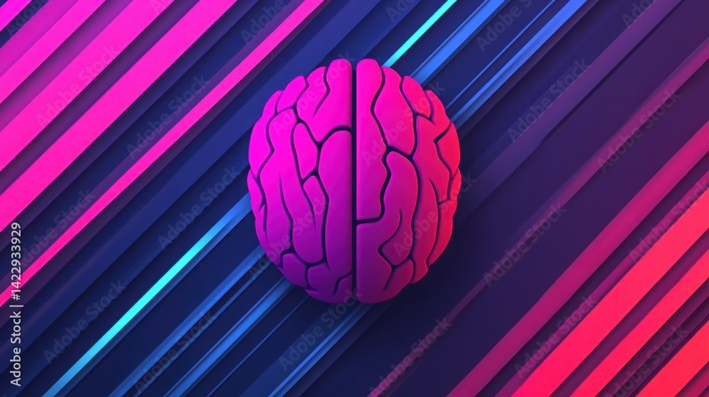 Abstract concept of human brain representation in vibrant pink color with dynamic colorful background, symbolizing creativity, intelligence, and innovation in modern design.