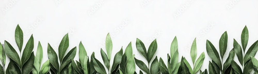 Naklejka premium Lush Green Leaves Bordering a Clean White Background for Fresh and Natural Aesthetic in Design Projects and Nature Themes