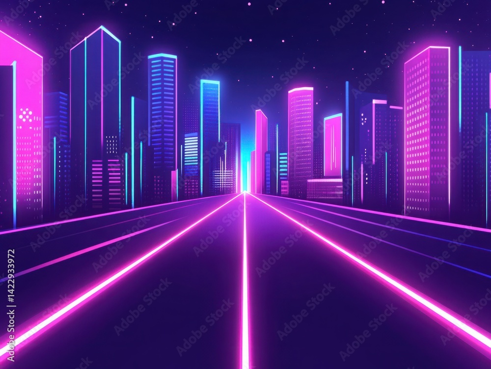 Futuristic Cityscape at Night with Neon Lights and Starry Sky, Evoking a Sense of Adventure and Technology in an Urban Environment