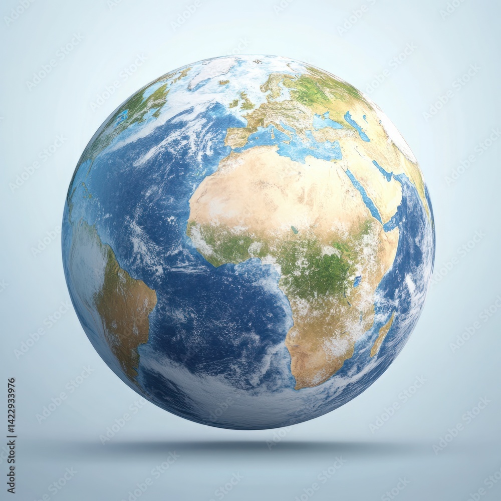Realistic depiction of planet Earth showcasing continents and oceans in vibrant colors against a soft blue background, symbolizing global interconnectedness and harmony