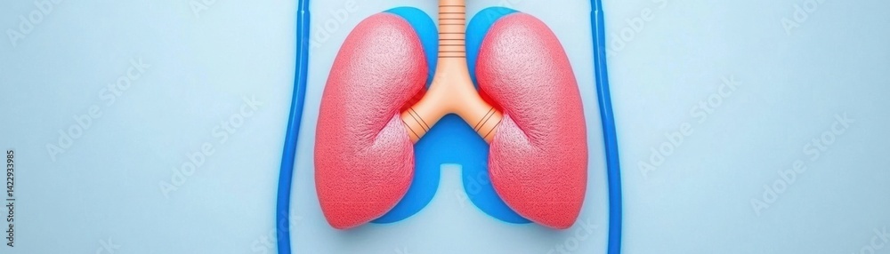 Colorful medical illustration of human lungs on a blue background representing respiratory health, anatomy, and biology for educational use and presentations.
