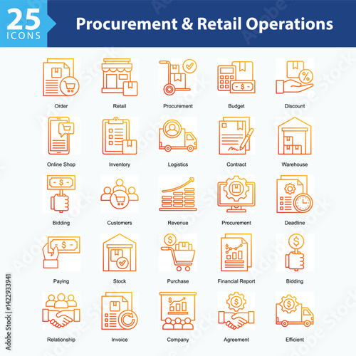 Procurement & Retail Operations is a collection of icons in sheet format representing procurement processes, retail management, and operational efficiency in business transactions.