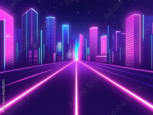 Obraz na płótnie Futuristic Cityscape at Night with Neon Lights and Starry Sky, Evoking a Sense of Adventure and Technology in an Urban Environment w salonie