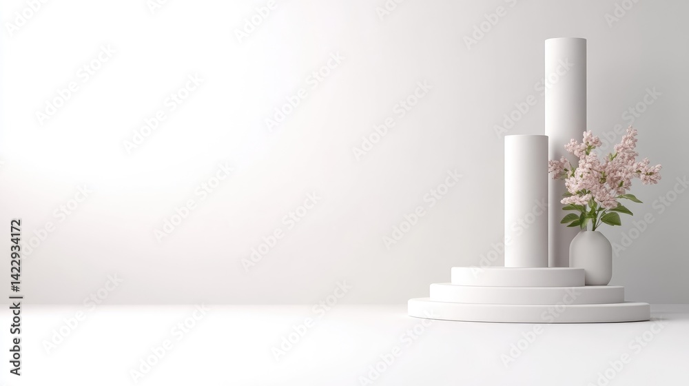 Minimalist white podium display with delicate pink flowers Minimalist white podium display with delicate pink flowers