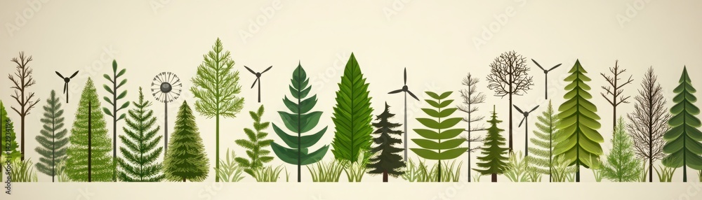 Vector Illustration of Diverse Trees and Plants with Wind Turbines Against a Neutral Background, Representing Sustainability and Nature Conservation