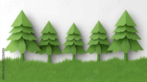 Obraz na płótnie Vibrant Green Paper Trees in a Childlike Style with Soft Grass Background for Nature-Themed Projects and Creative Designs w salonie