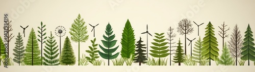 Obraz na płótnie Vector Illustration of Diverse Trees and Plants with Wind Turbines Against a Neutral Background, Representing Sustainability and Nature Conservation w salonie