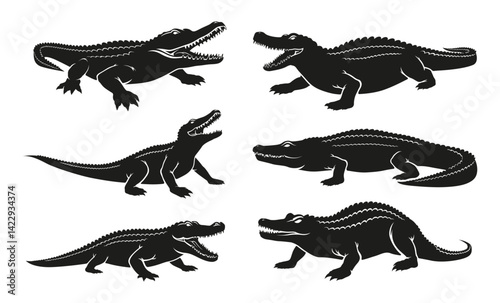 Angry crocodile aquatic reptile black minimalist silhouette set vector flat illustration