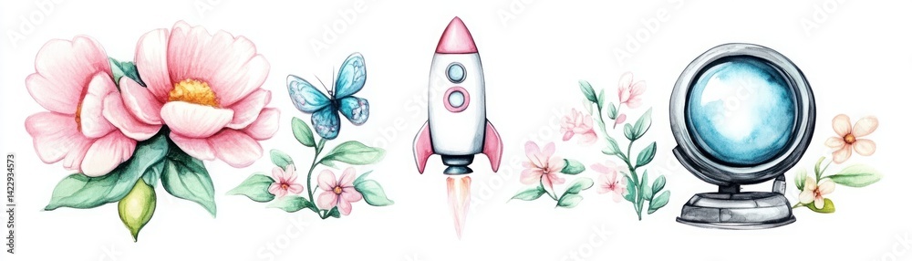 Whimsical Floral Rocket Launch with Colorful Flowers and Butterfly in a Charming Pastel Palette for Creative and Inspirational Designs