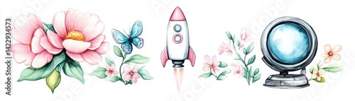 Obraz na płótnie Whimsical Floral Rocket Launch with Colorful Flowers and Butterfly in a Charming Pastel Palette for Creative and Inspirational Designs w salonie