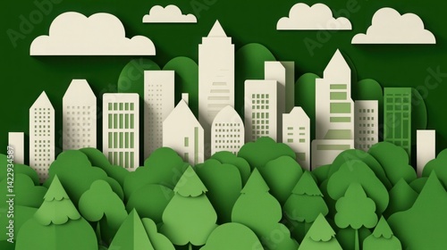 Green Urban Landscape with Paper Cutout Buildings and Lush Trees, Illustrating Nature and City Harmony in a Creative Artistic Style