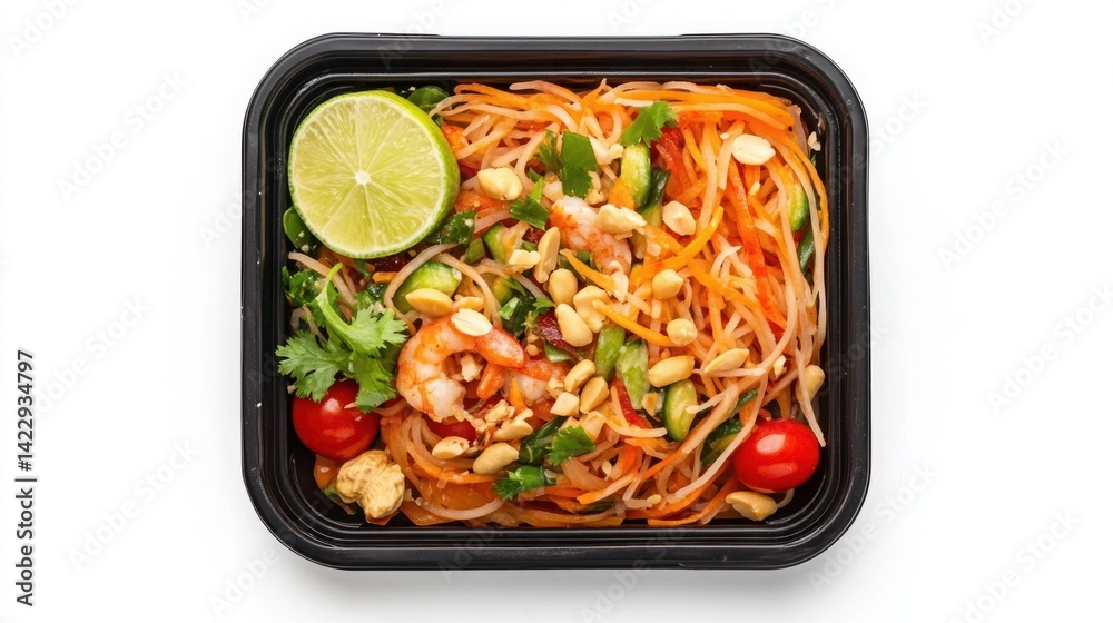 Colorful shrimp noodle salad with lime and fresh vegetables, garnished with peanuts and herbs in a black takeout container