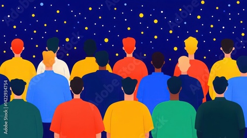 Diverse Silhouettes of People Against a Starry Night Sky Illustrating Unity and Connection in a Colorful Abstract Setting