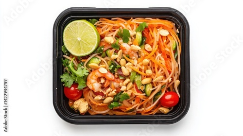 Obraz na płótnie Colorful shrimp noodle salad with lime and fresh vegetables, garnished with peanuts and herbs in a black takeout container w salonie