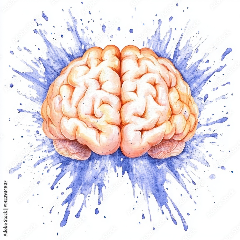 Artistic Illustration of a Human Brain Surrounded by Colorful Splash in a Creative and Vibrant Style with Soft Pastel Colors for Educational or Inspirational Use