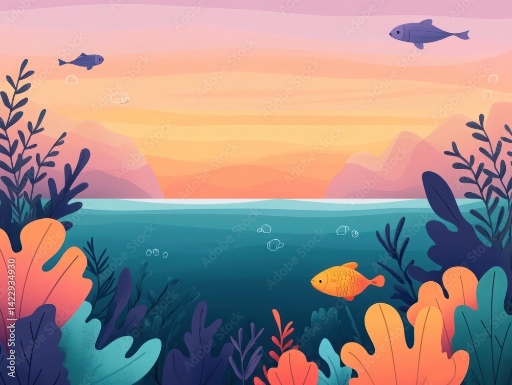 Colorful Underwater Scene with Fish Swimming and Vibrant Marine Plants at Sunset, Ideal for Nature, Ocean, or Relaxation Themes