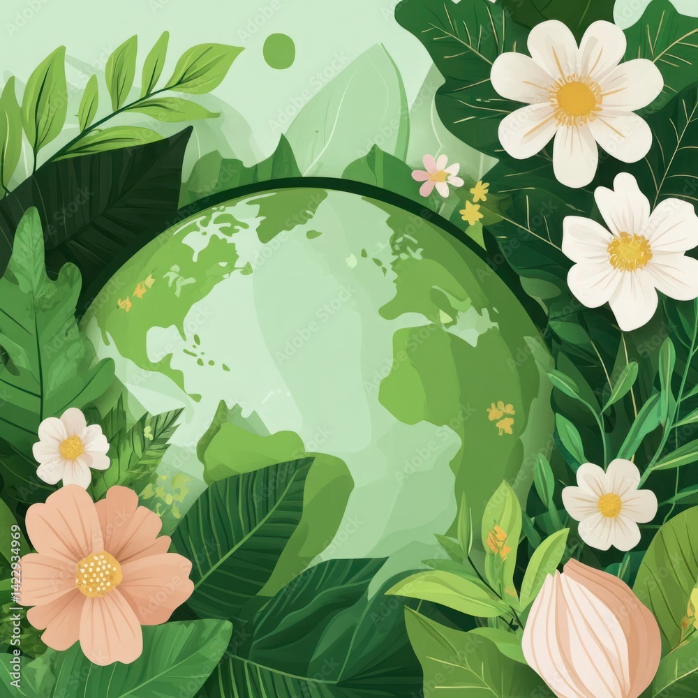 Vibrant Earth Surrounded by Nature's Bounty with Greenery, Flowers, and Leaves Promoting Environmental Awareness and Sustainability