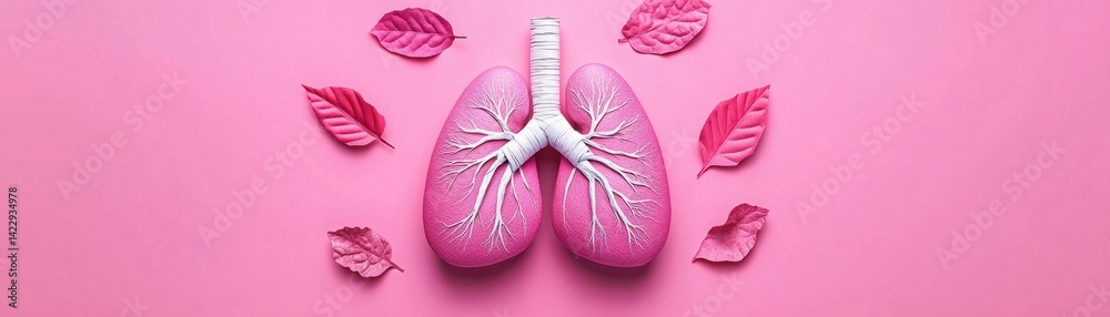 Colorful representation of human lungs surrounded by vibrant pink leaves on a pastel background showcasing health and nature concept in modern design