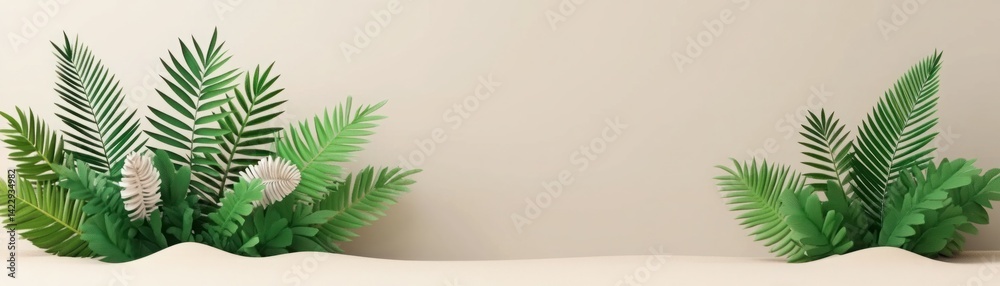 Lush Green Tropical Leaves Arranged Harmoniously Against Soft Beige Background Perfect for Nature and Decoration Themes