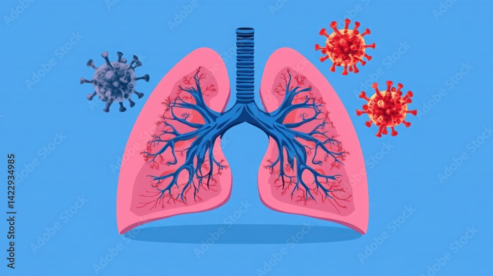 Digital Illustration of Human Lungs Surrounded by Virus Particles Representing Health and Disease Concepts in a Colorful Graphic Style