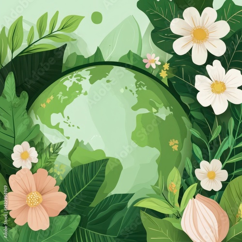 Vibrant Earth Surrounded by Nature's Bounty with Greenery, Flowers, and Leaves Promoting Environmental Awareness and Sustainability