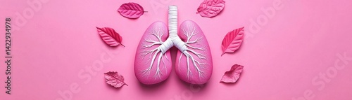 Obraz na płótnie Colorful representation of human lungs surrounded by vibrant pink leaves on a pastel background showcasing health and nature concept in modern design w salonie