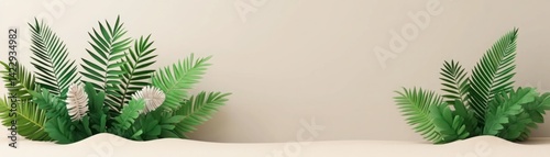 Obraz na płótnie Lush Green Tropical Leaves Arranged Harmoniously Against Soft Beige Background Perfect for Nature and Decoration Themes w salonie