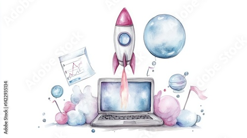 Obraz na płótnie Colorful watercolor illustration of a rocket launching from a laptop surrounded by planets, bubbles, and clouds, representing creativity and innovation in technology. w salonie