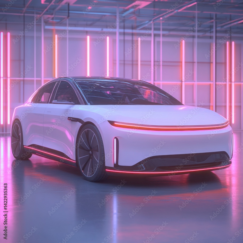 Futuristic electric vehicle with sleek design and vibrant neon lighting in a modern urban setting showcasing innovation and advanced technology