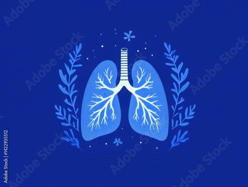 Illustration of Lungs Surrounded by Foliage and Floral Elements on a Deep Blue Background Emphasizing Health, Breathing, and Biology Concepts