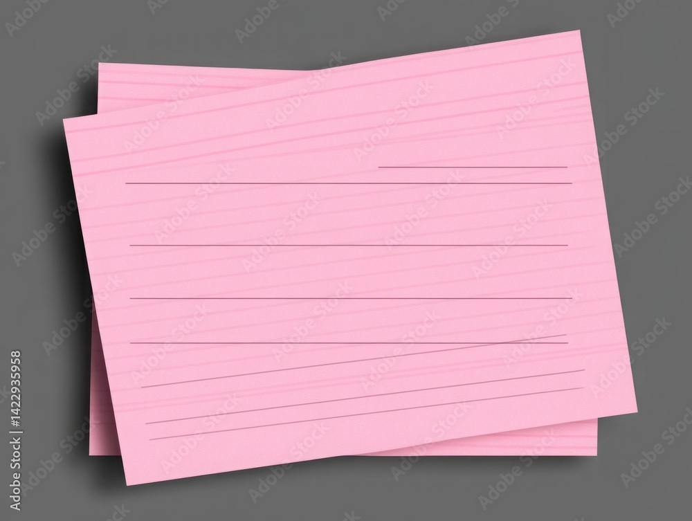 Blank Pink Index Cards Stacked on a Gray Background for Note-taking, Learning, Organization, and Study Purposes in Office or School Setting