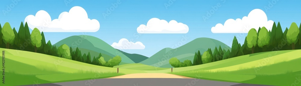 Serene Landscape with Lush Green Hills, Bright Blue Sky, Soft Clouds, and Open Road for Nature Lovers and Outdoor Adventure Enthusiasts