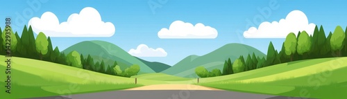 Obraz na płótnie Serene Landscape with Lush Green Hills, Bright Blue Sky, Soft Clouds, and Open Road for Nature Lovers and Outdoor Adventure Enthusiasts w salonie