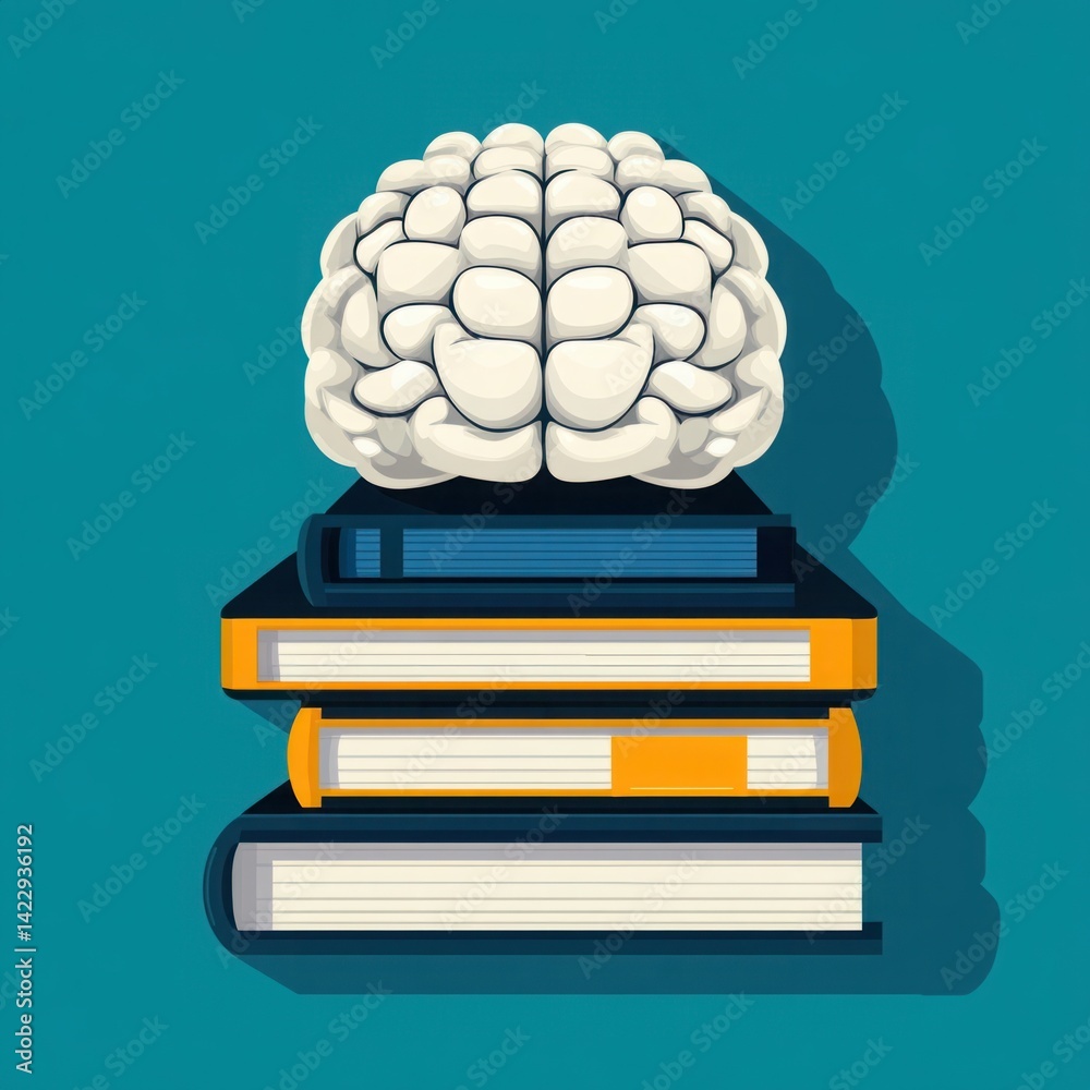Brain Symbolizing Knowledge Stacked on Books, Representing Learning, Education and Intellectual Growth in a Colorful and Modern Style