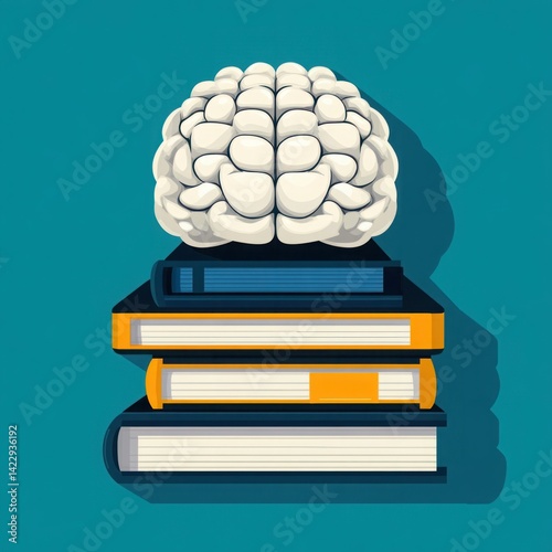 Obraz na płótnie Brain Symbolizing Knowledge Stacked on Books, Representing Learning, Education and Intellectual Growth in a Colorful and Modern Style w salonie