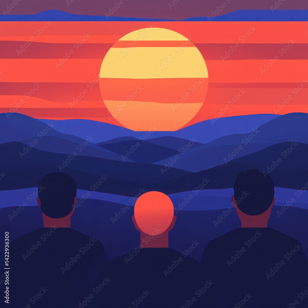 Three Silhouetted Figures Watching a Vibrant Sunset Over Rolling Hills with Gradients of Purple and Orange in a Calm Scenic Landscape