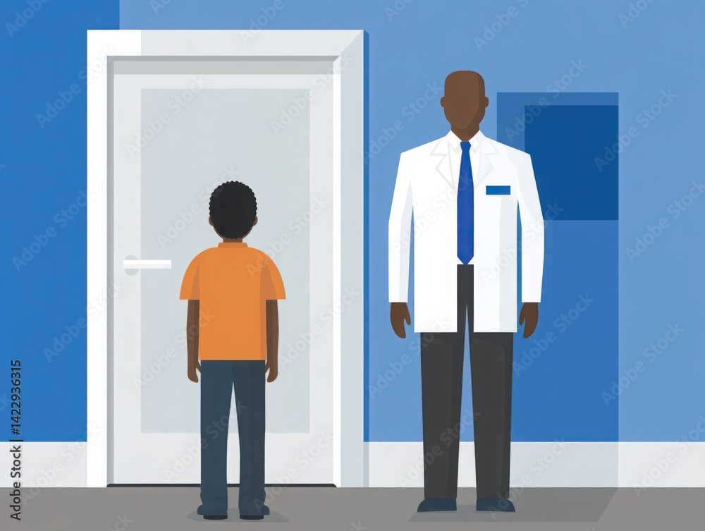 Young boy stands in front of a closed door, looking at a doctor in a white coat, illustrating the theme of healthcare, childhood, and doctor visits in a modern setting