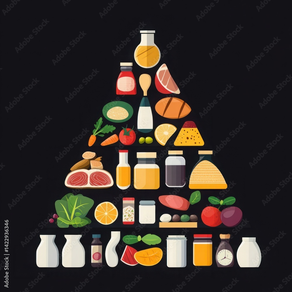 Colorful Food Pyramid Illustration Featuring Various Food Items, Including Fruits, Vegetables, Grains, Dairy, and Protein Sources on Black Background