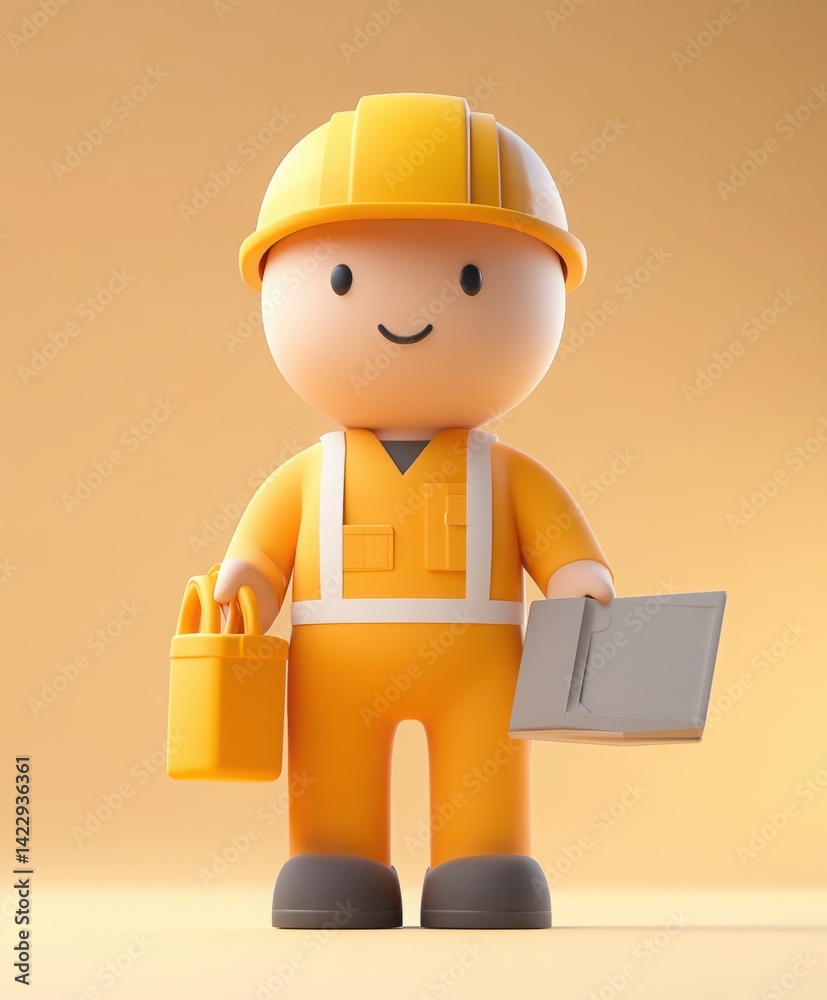 Cute and Cheerful Construction Worker Character in Bright Orange Safety Gear Holding a Clipboard on a Soft Orange Background