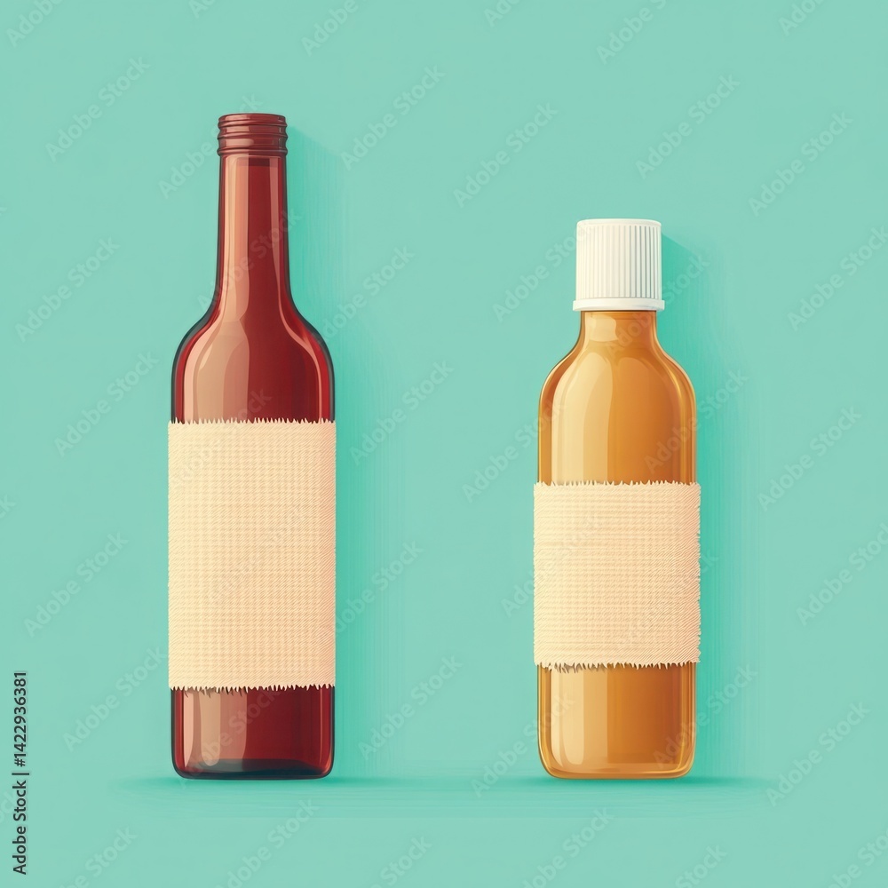 Stylish and Minimalistic Illustrations of Two Bottles with Blank Labels Set Against a Vibrant Turquoise Background for Modern Design Projects