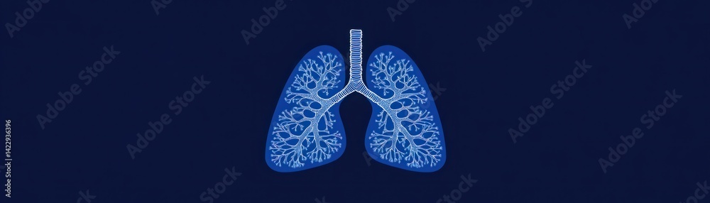 Artistic illustration of human lungs with intricate branching patterns against a dark blue background, showcasing respiratory system and health concepts